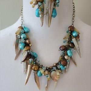Teal, Brown, Cream Pearl & Dagger Necklace with Matching Earrings